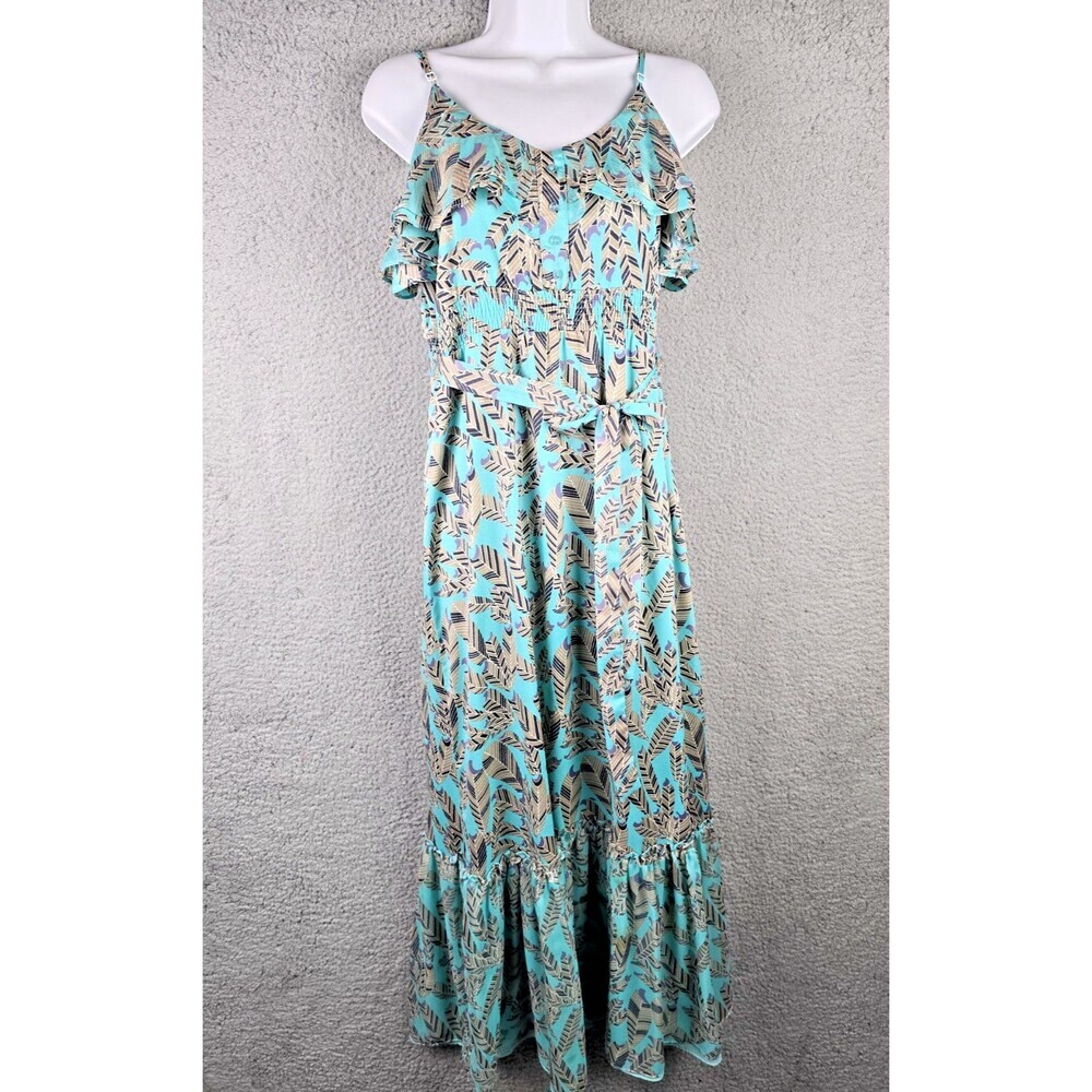 MM Couture Maxi Dress Large Jade Green Feather Ruffle Smocked Waist Boho Trendy - Picture 11 of 13